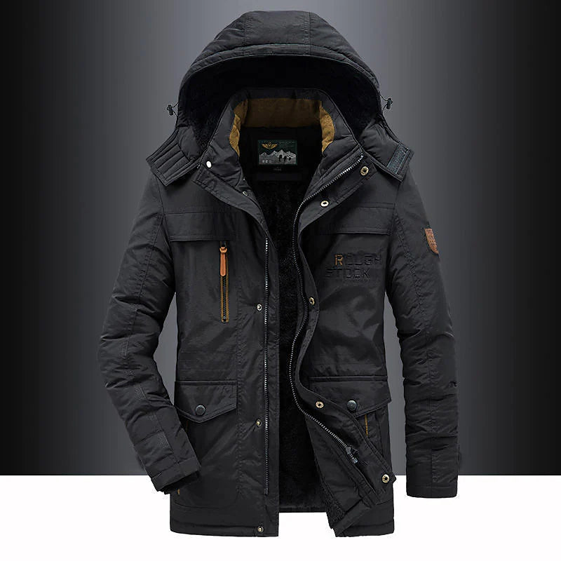 Stilvoller Herren Winterparka mit Kapuze, winddicht und isoliert. Ideal für Herbst- und Wintermode.