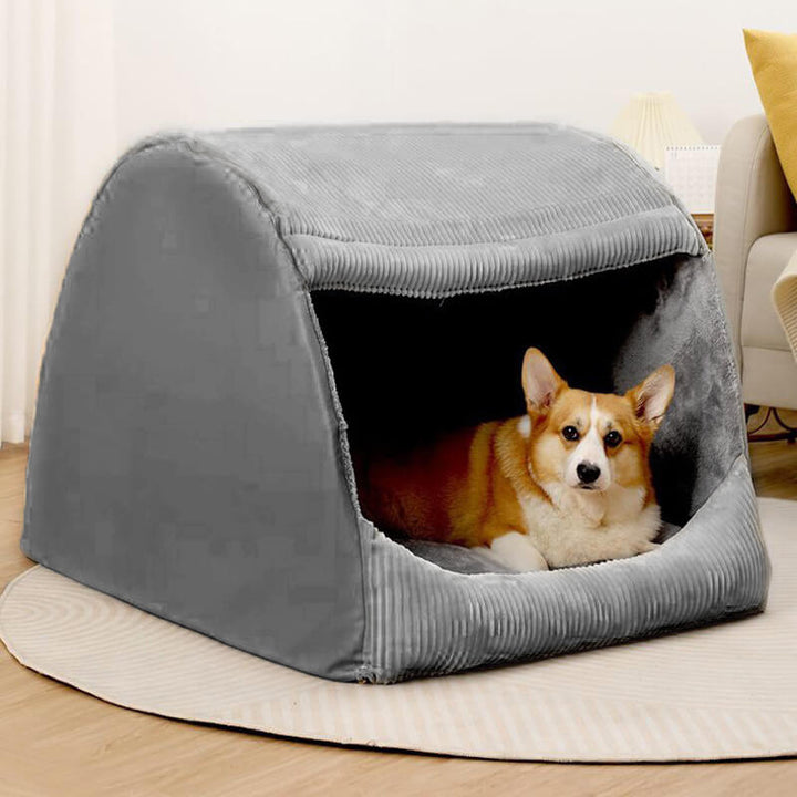 Warmes Flanell Hundezeltbett in Grau für große Hunde, abnehmbar und gemütlich. Ideal als Winterbett.