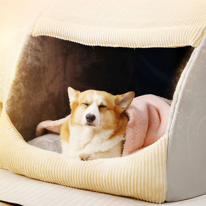 Premium Flanell Hundezeltbett, abnehmbar. Warmer Schlafplatz für große Hunde in Khaki.