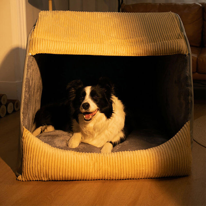 Abnehmbares Flanell Hundebett Zelt in Khaki. Komfortabel, warm & waschbar für große Hunde.
