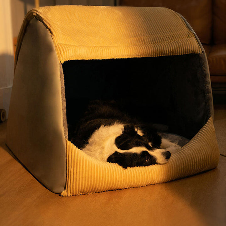 Großes Flanell Hundezeltbett, grau. Warm, gemütlich & waschbar. Perfekt für den Winterschlaf.