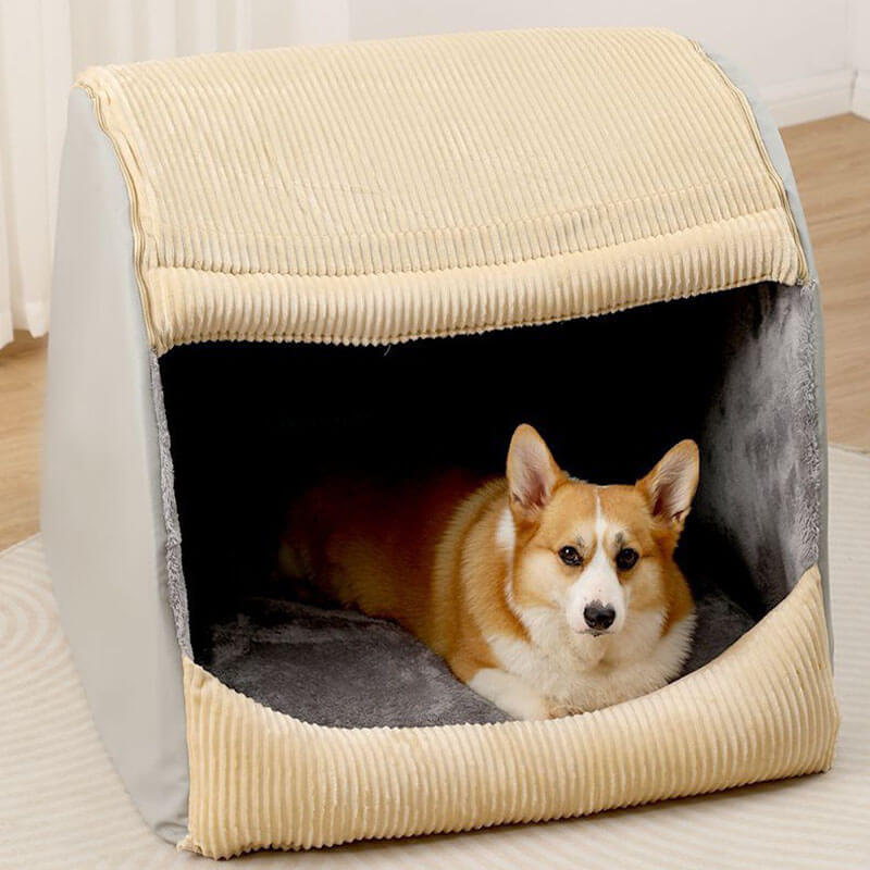 Flanell-Hundebett in Grau, halbgeschlossen. Waschbar & warm. Das perfekte Winterbett für große Hunde.
