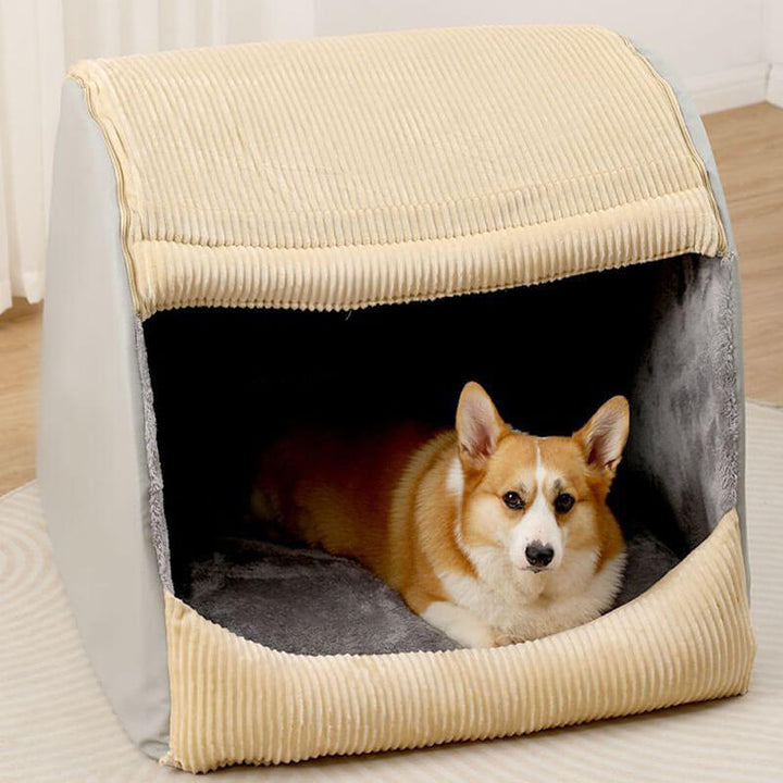 Flanell-Hundebett in Grau, halbgeschlossen. Waschbar & warm. Das perfekte Winterbett für große Hunde.