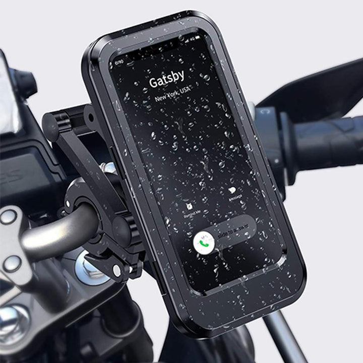 Schwarze, wasserdichte Smartphonehalterung mit Powerbank für Radsport & Outdoorausrüstung am Fahrradlenker.