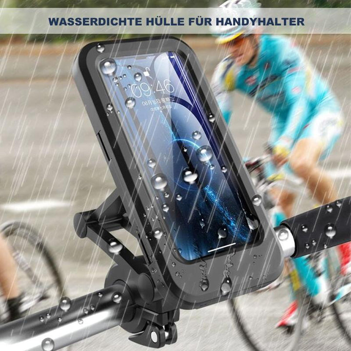 Detailansicht: Wasserdichte Fahrrad-Lenkerhalterung mit Powerbank & kabellosem Lader für Smartphones, schwarz.