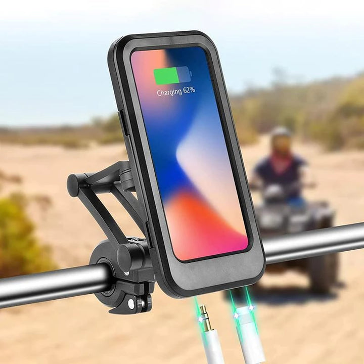 Smartphone-Halterung für Fahrradlenker mit Powerbank & USB-Lader, wasserdicht, schwarz, perfekt für E-Bikes.