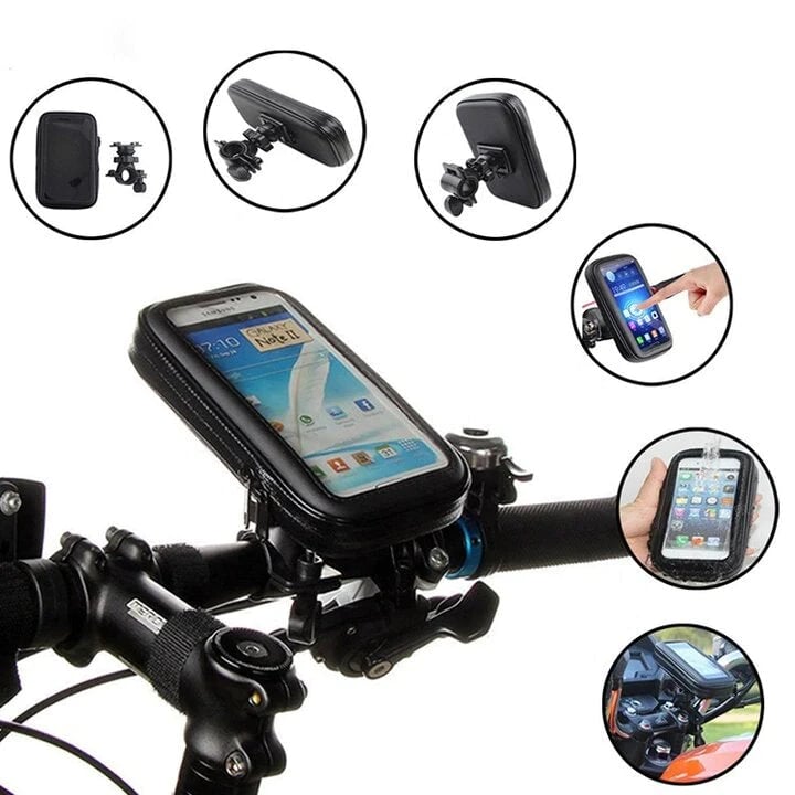 Wasserdichte Handyhalterung mit Powerbank zum kabellosen Laden, universell für Fahrradlenker, schwarz.
