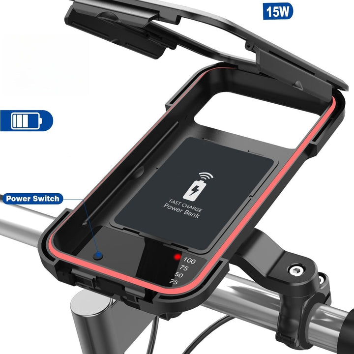 Fahrrad-Lenkerhalterung für Outdoor, wasserdicht, mit integrierter Powerbank zum Laden von Smartphones, schwarz.