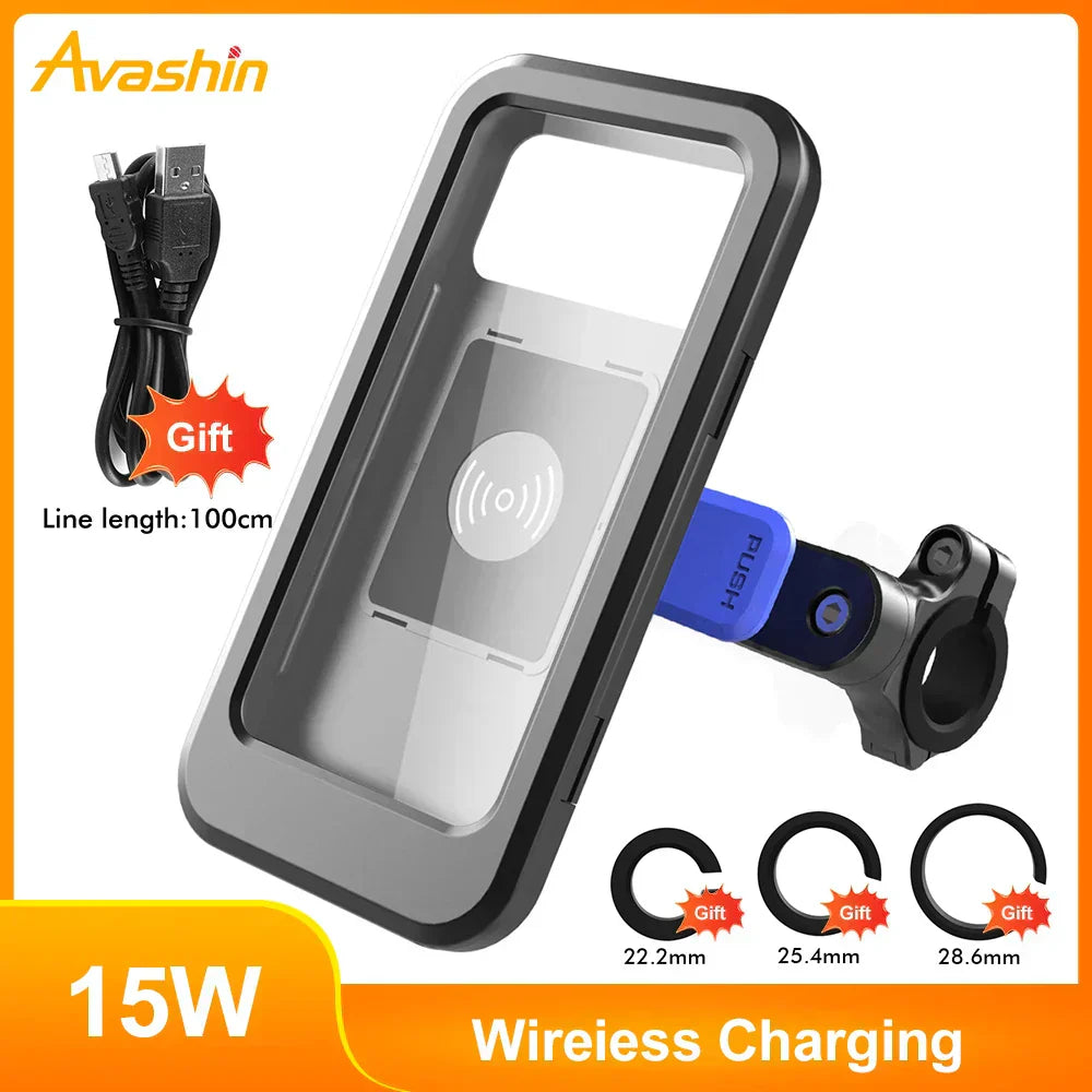 Schwarze wasserdichte Lenkerhalterung mit Powerbank, Ladegerät & Handyhalter. Optimal für Radsport.