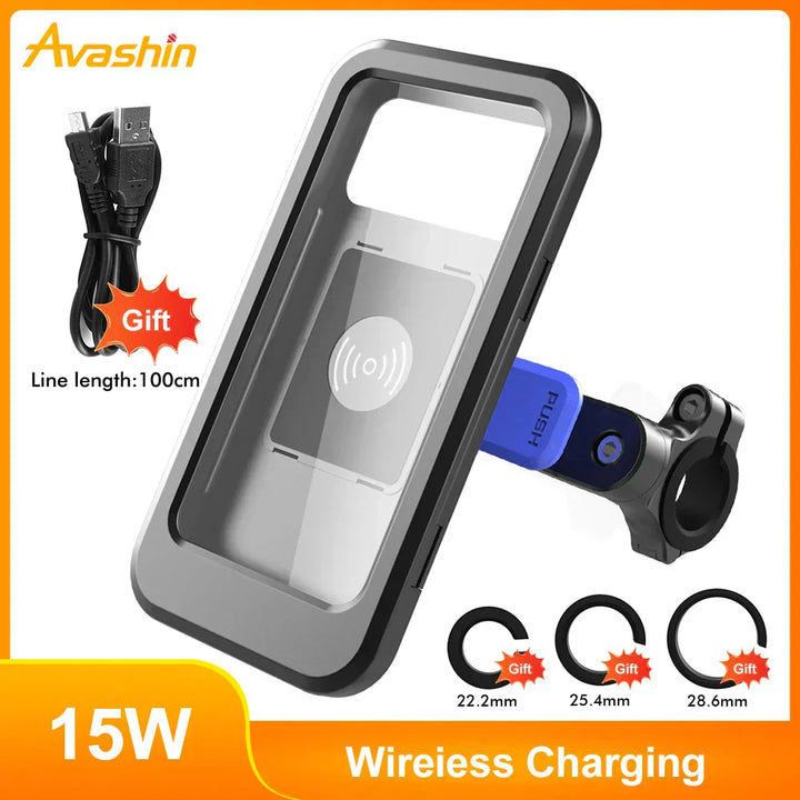 Schwarze wasserdichte Lenkerhalterung mit Powerbank, Ladegerät & Handyhalter. Optimal für Radsport.