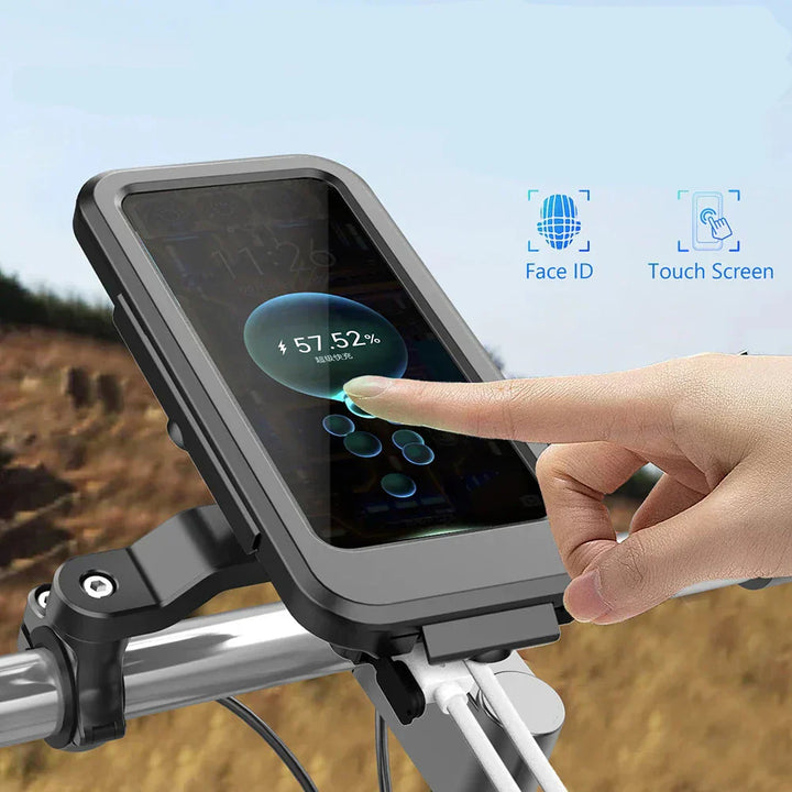 Robuste, wasserdichte Fahrradhalterung mit integrierter Powerbank & Ladegerät, schwarz, für sicheren Halt.
