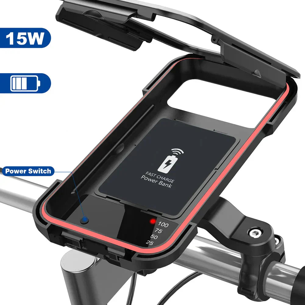 Fahrradzubehör: Wasserdichte Lenkerhalterung mit Powerbank, kabellosem Laden & Handyhalterung, schwarz.