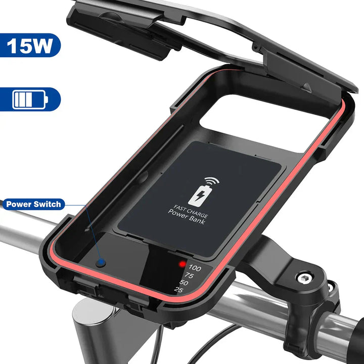 Fahrradzubehör: Wasserdichte Lenkerhalterung mit Powerbank, kabellosem Laden & Handyhalterung, schwarz.