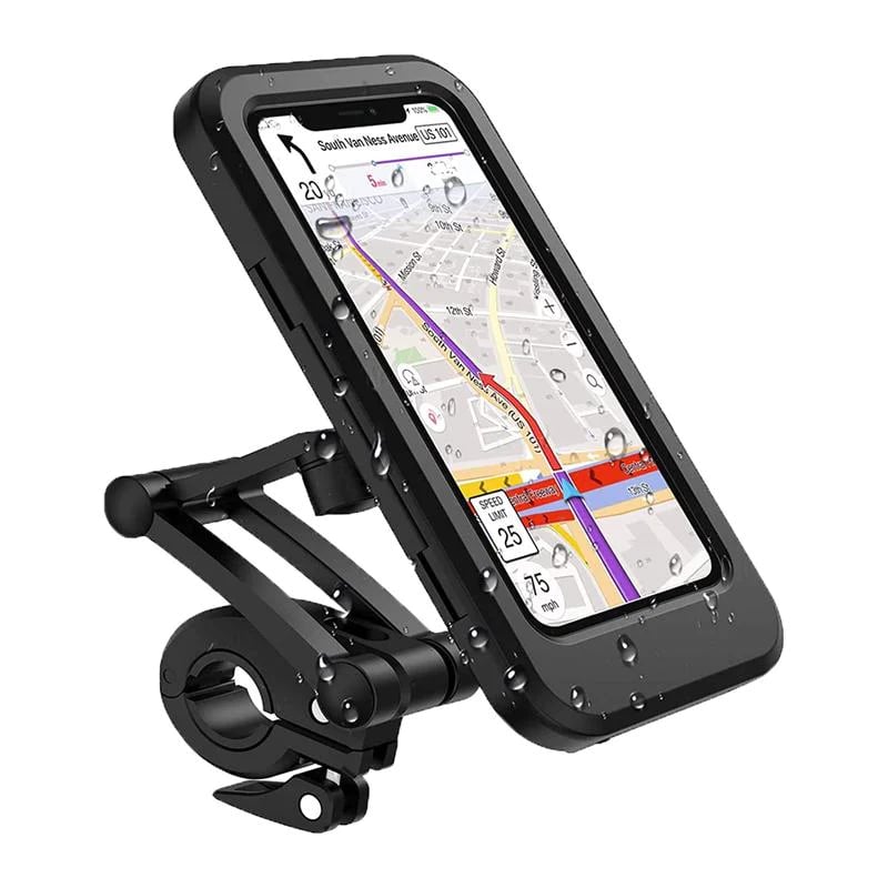 Smartphone in wasserdichter Fahrrad-Lenkerhalterung, mit Ladefunktion durch Powerbank, schwarz.