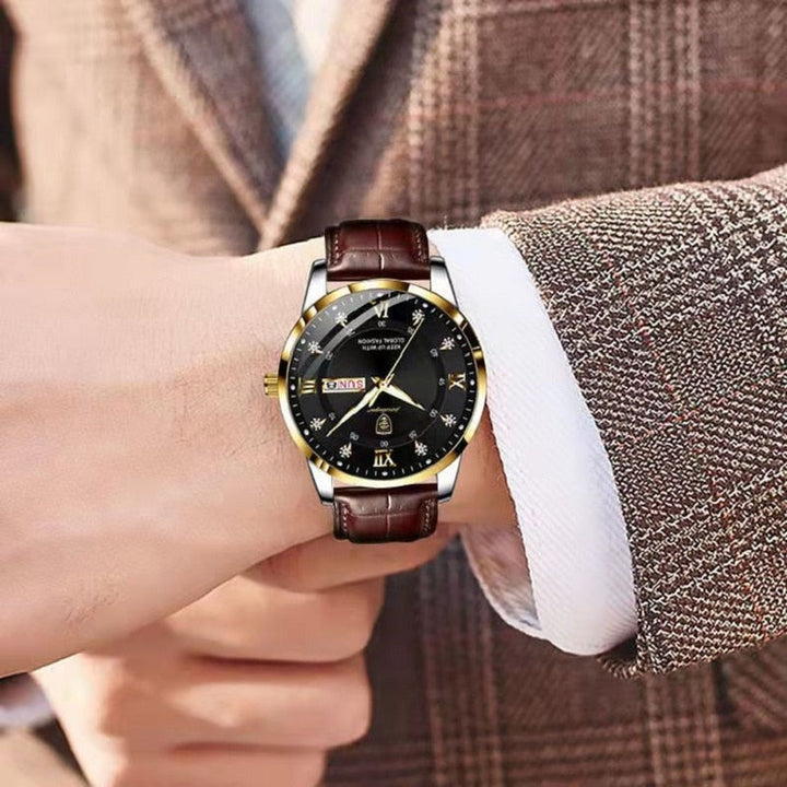 Elegante Herren Armbanduhr in Gold, wasserdicht und leuchtend, mit Quarzwerk; ideal für den modernen Mann.