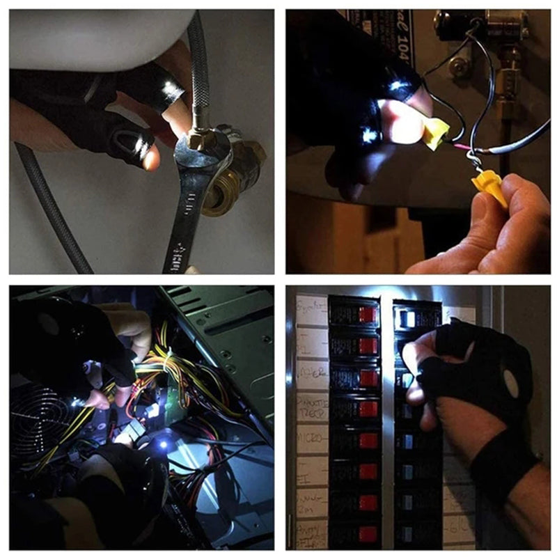 Heimwerker nutzt LED-Handschuhe beim Montieren. Freihandbeleuchtung verbessert die Sicht bei DIY-Projekten.
