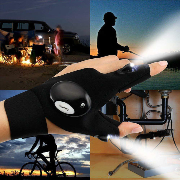Kräftiger Lichtstrahl der LED-Handschuhe in der Dunkelheit. Essenzielle Freihandbeleuchtung für jede Nachtarbeit.