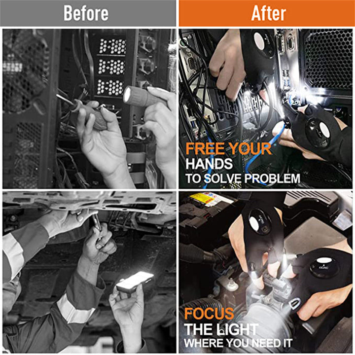 Angler trägt wasserdichte LED-Handschuhe beim Nachtangeln. Ideale Freihandbeleuchtung für Angler und Outdoor.