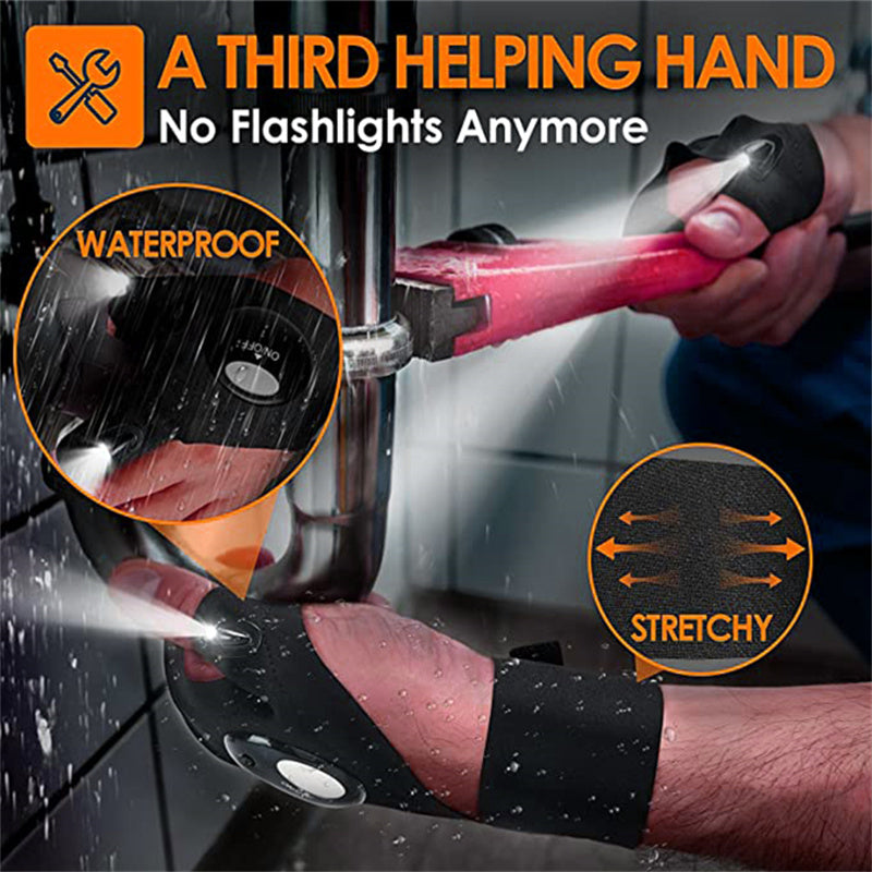 Robuste LED-Handschuhe für Camping und Outdoor. Wasserdicht und mit Freihandbeleuchtung für alle nächtlichen Aufgaben.