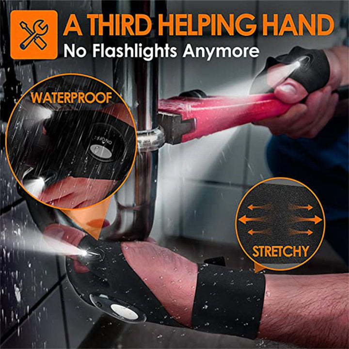 Robuste LED-Handschuhe für Camping und Outdoor. Wasserdicht und mit Freihandbeleuchtung für alle nächtlichen Aufgaben.