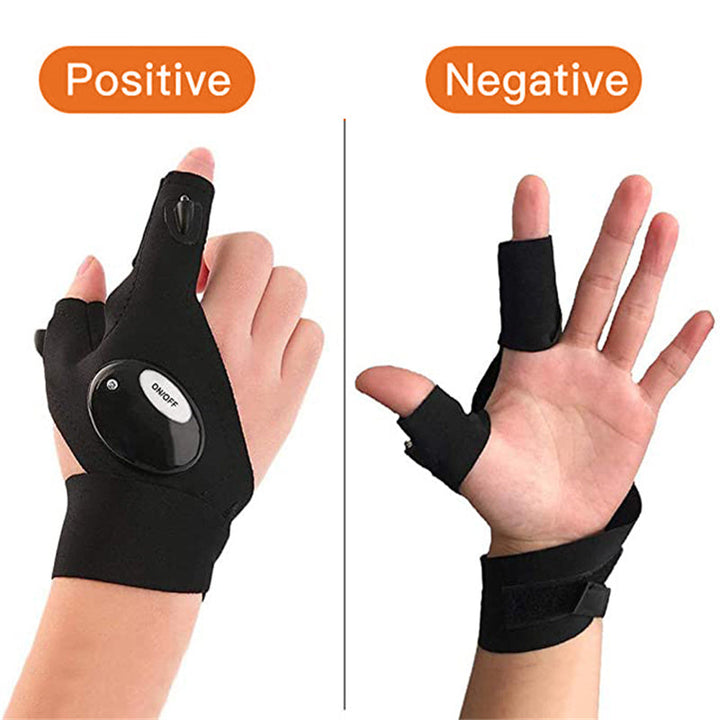 Person mit LED-Handschuhen demonstriert Freihandbeleuchtung. Perfekt für Reparaturen und detaillierte Aufgaben.