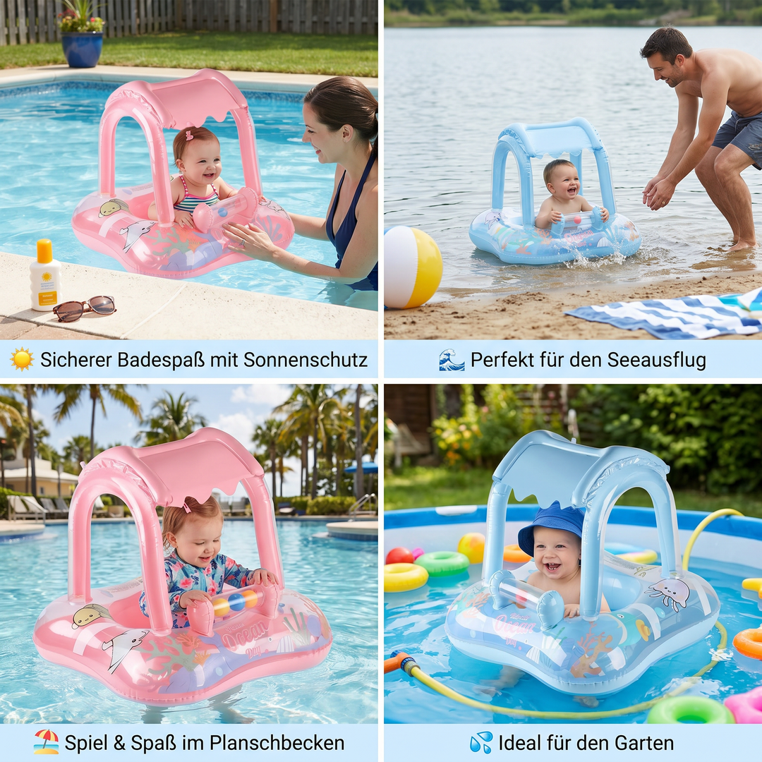 Hochwertiger Baby Schwimmring mit Sonnendach, Ozean-Design, ideal für sicheres Babyschwimmen.