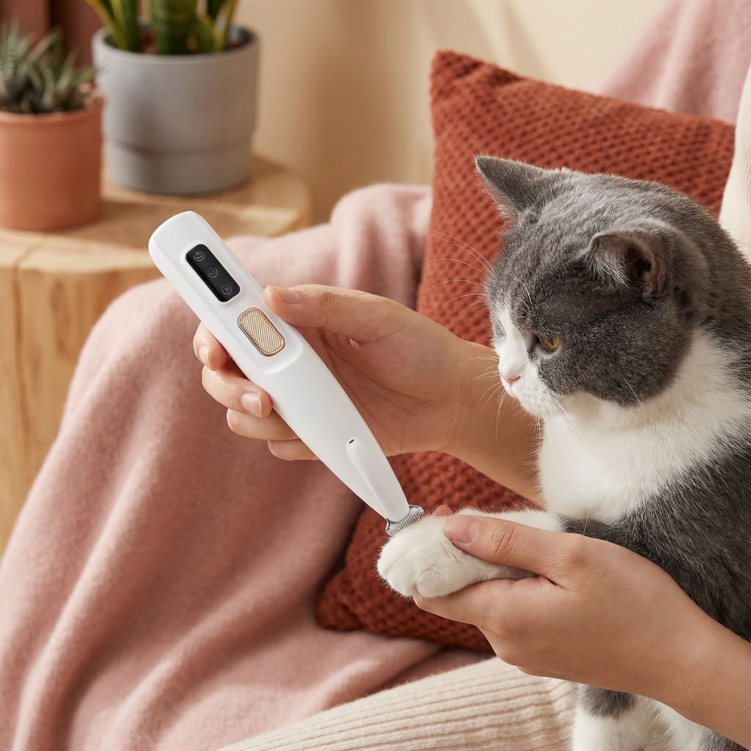 Deutscher Haustier Pfoten-Trimmer für Hunde & Katzen, präzise Fellpflege an empfindlichen Stellen, weiß/pink.