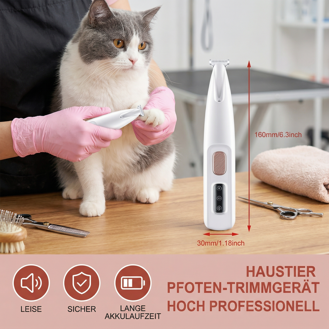Pinker Pfoten-Trimmer mit USB-Ladefunktion für Haustiere, wasserdicht, präzise Fellpflege für saubere Pfoten.