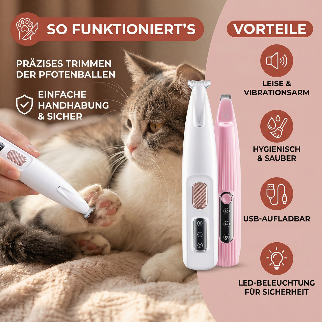 Sanfter Pfoten-Trimmer für Hunde & Katzen mit LED-Licht, USB-aufladbar, wasserdicht für einfache Tierpflege.