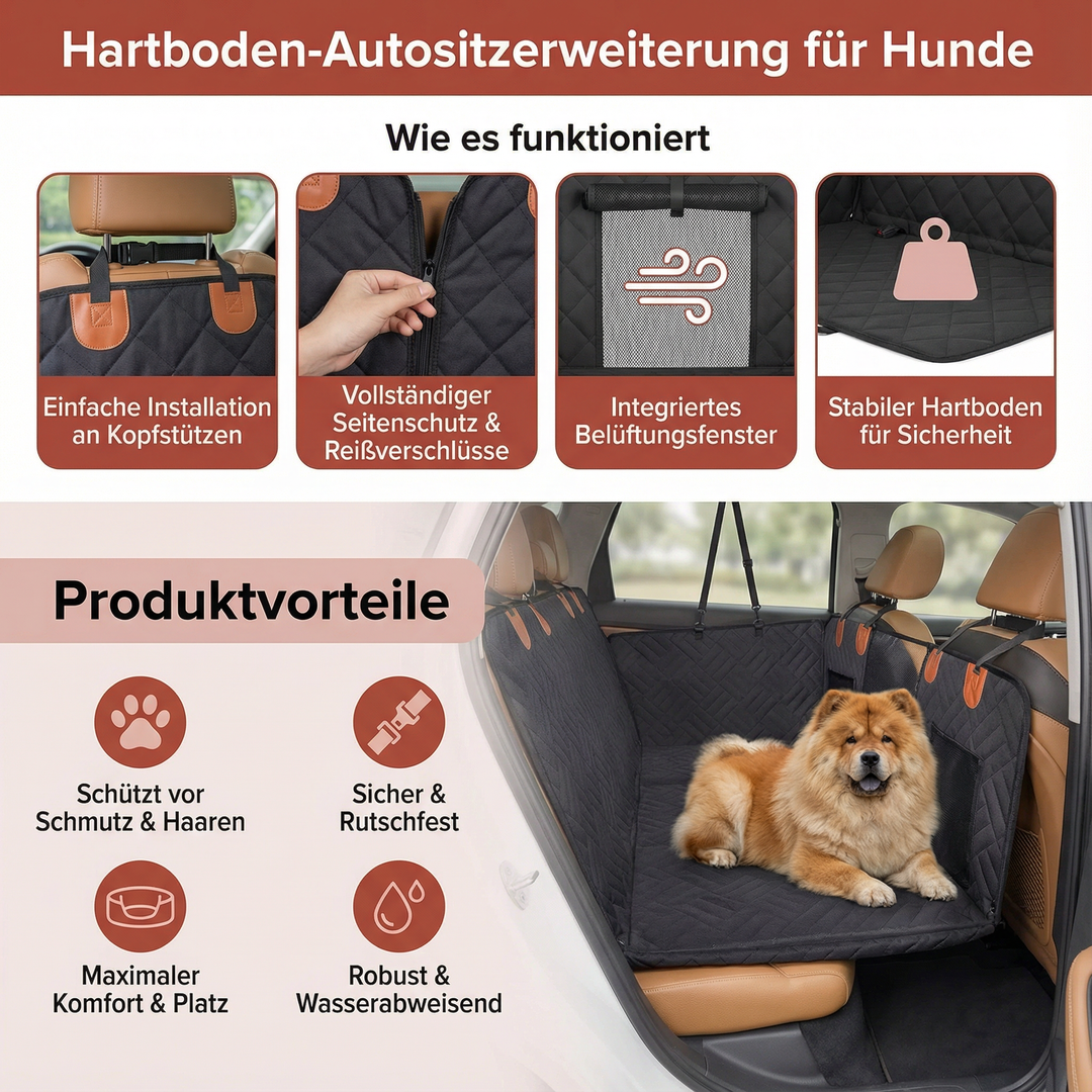 Robuster Hundeautositz schützt Haustier und Autointerieur bei Reisen; mit Gurtbefestigung.