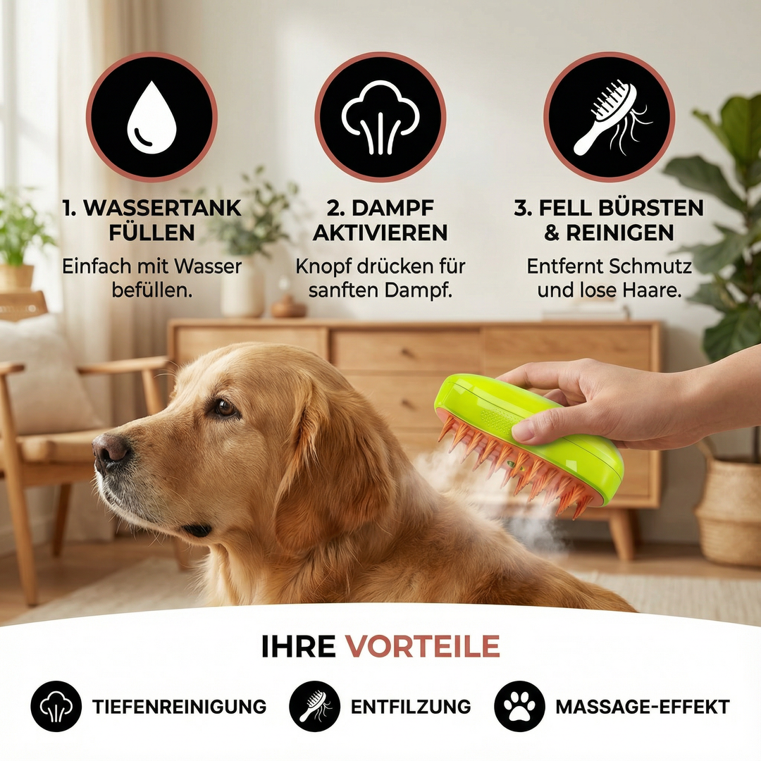 Sanfte Dampfbürste für Hunde, spendet Feuchtigkeit für glänzendes Fell. Effektive Fellpflege & Massagebürste.