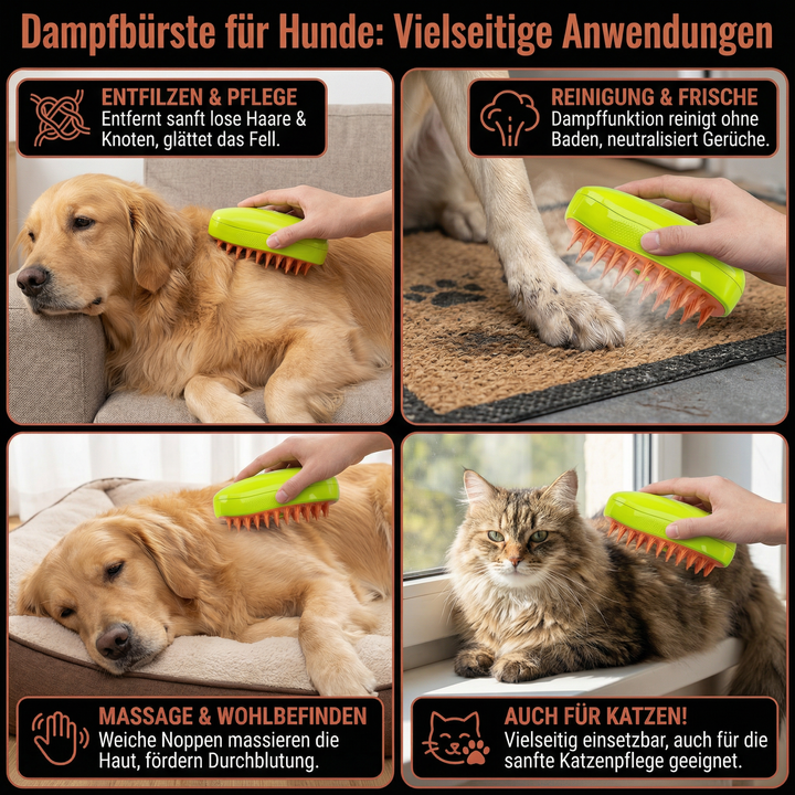 Komfortable Dampfbürste für Hunde zur entspannenden Bürstenmassage. Fördert Durchblutung & gesundes Hundefell.