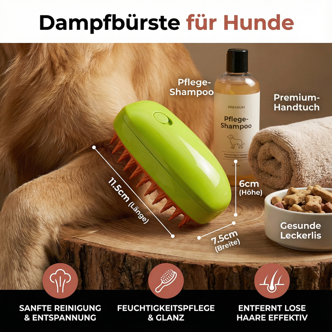 Ergonomische Dampfbürste für Hunde in Nahaufnahme. Hochwertiges Hundezubehör für effektive Fellpflege & Massage.