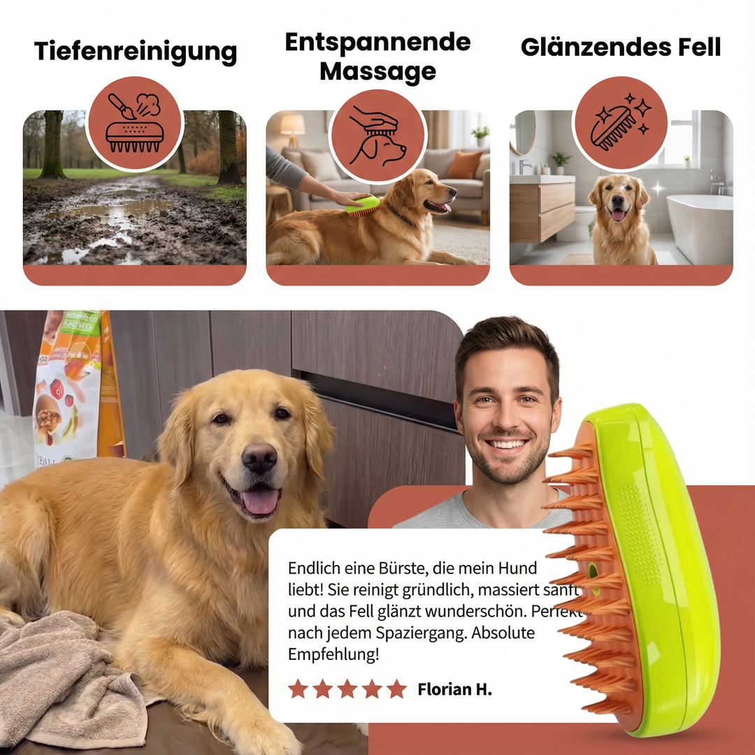 Innovative Dampfbürste für Hunde: Gründliche Fellpflege, entfernt loses Haar & Schmutz. Für sauberes Hundefell.