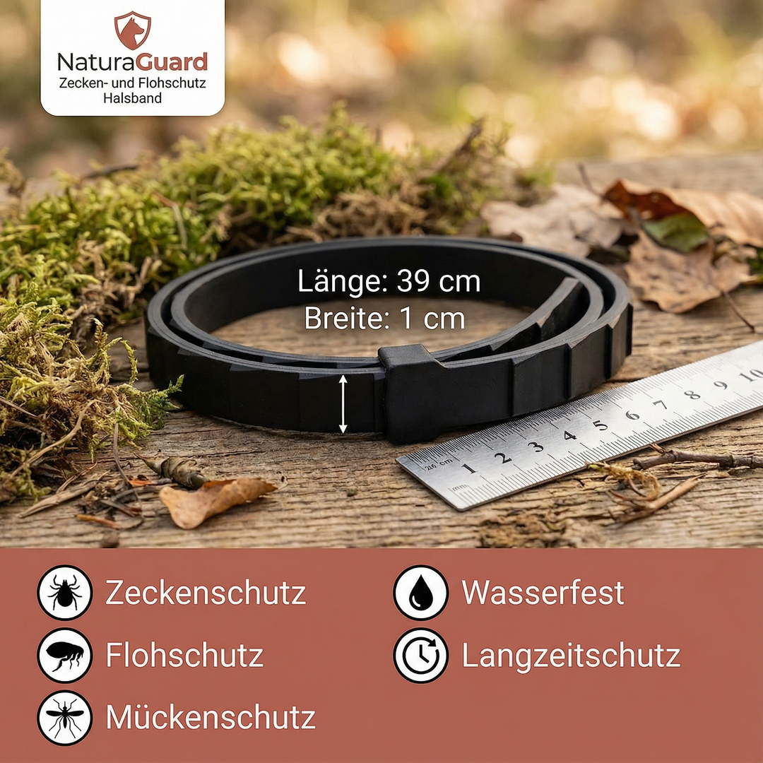 Zecken- & Flohschutz-Halsband in Originalverpackung. Natürlicher Schutz für Haustiere, sofort einsatzbereit.