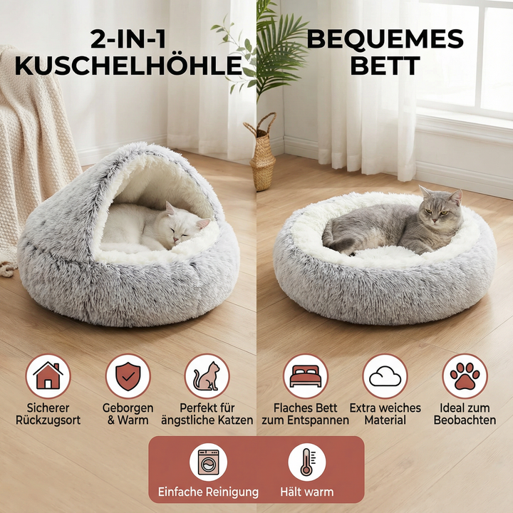 Katzen Kuschelhöhle in runder Form aus weichem Plüsch; idealer Rückzugsort für entspannte Katzen.