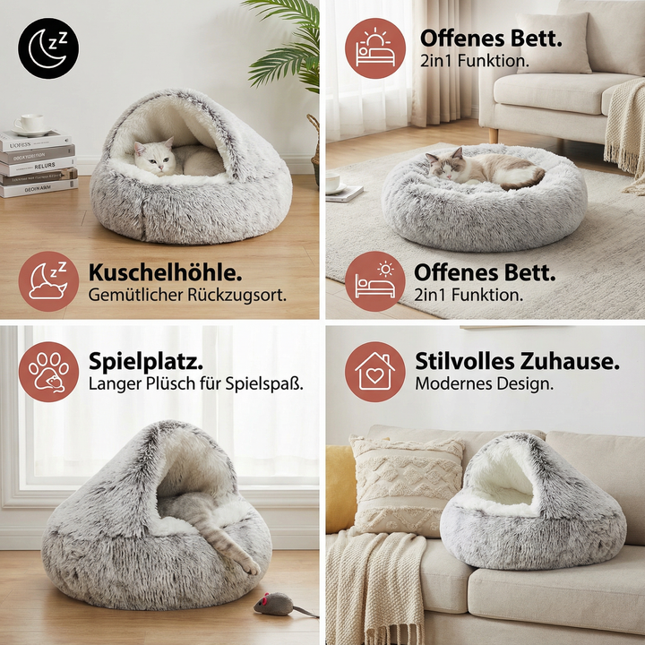 Weiches, waschbares Katzen Plüschbett 2-in-1; eine Kuschelhöhle für jedes Haustier, robust und bequem.