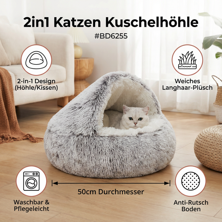 Perfekter Rückzugsort für Katzen: Eine weiche Kuschelhöhle und Katzenliege für tiefe Entspannung.