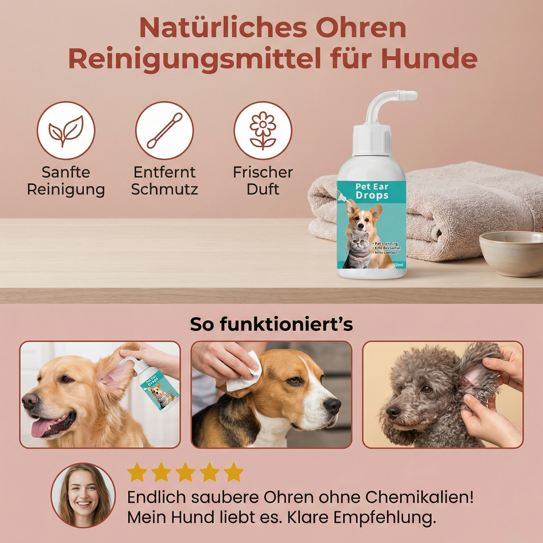 Effektiver Ohrenreiniger für Hunde mit natürlicher Formel zur täglichen Ohrenpflege bei Welpen und erwachsenen Hunden.