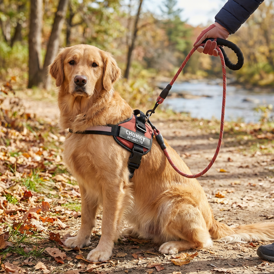 Personalisiertes Anti-Zug Hundegeschirr mit Namen, reflektierend für sichere Spaziergänge.