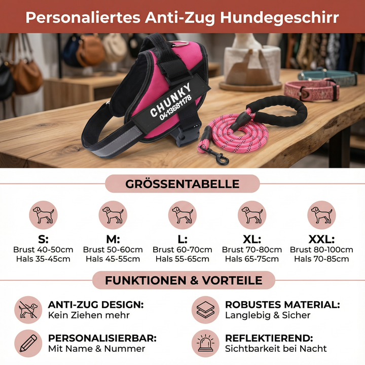 Maßgeschneidertes Anti-Zug Hundegeschirr, personalisiert, für entspannte Spaziergänge.