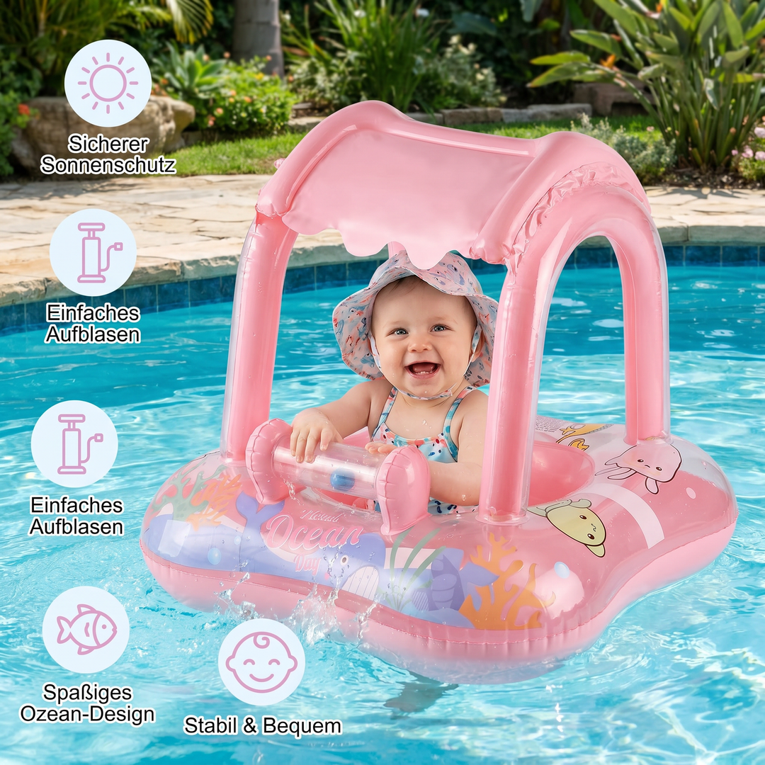 Baby Schwimmring mit Sonnenschutz & Ozean-Motiv, perfekt für Pool, Strand & Wasserspielzeug.