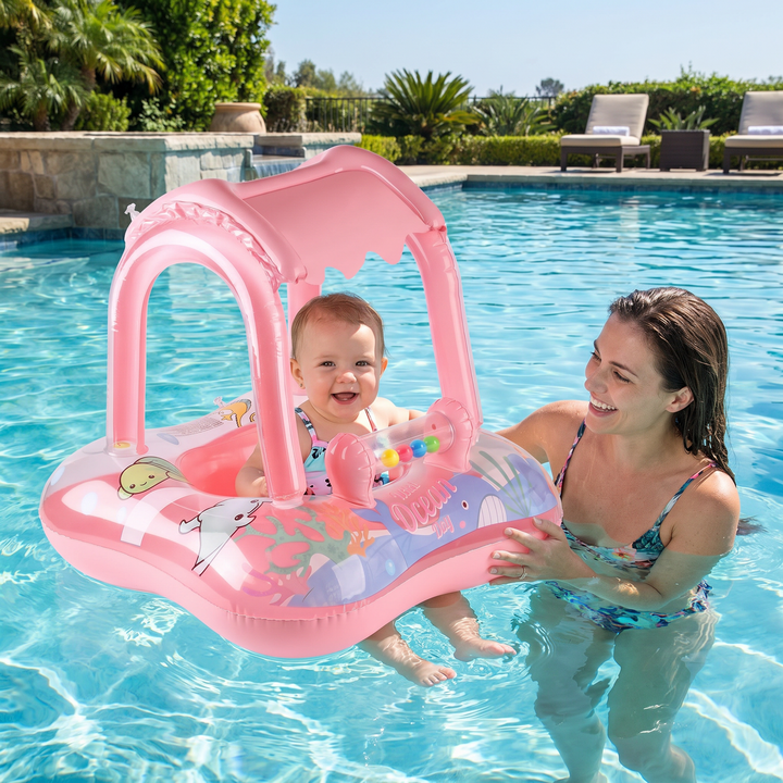 Sicherer Baby Schwimmring mit Sonnendach & Ozean-Design schützt vor Sonne beim Wasserspaß.