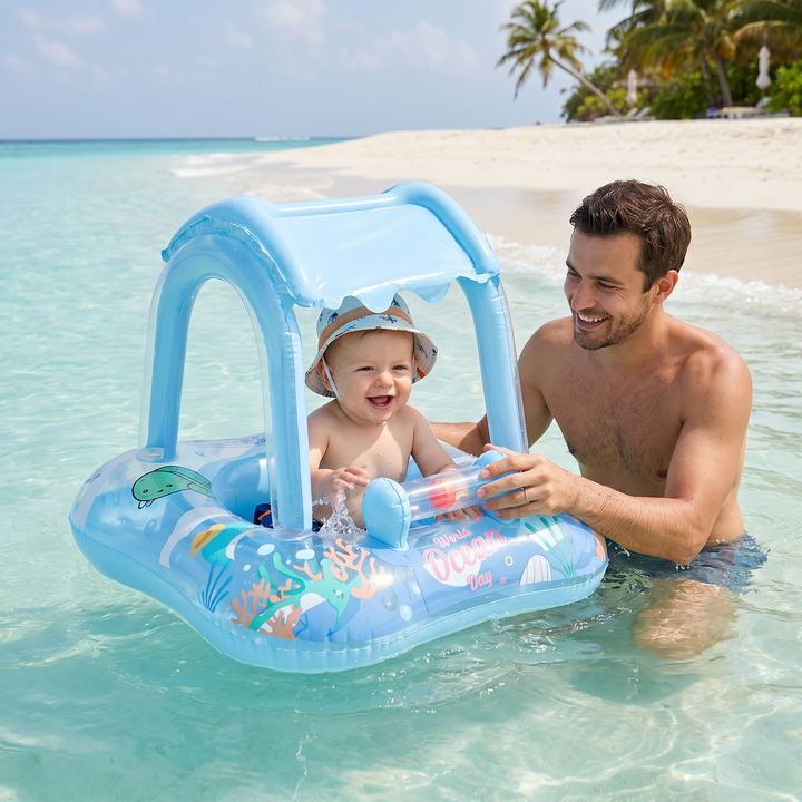 Baby Schwimmring mit Sonnendach, Ozean-Motiv für sicheren Wasserspaß im Pool.