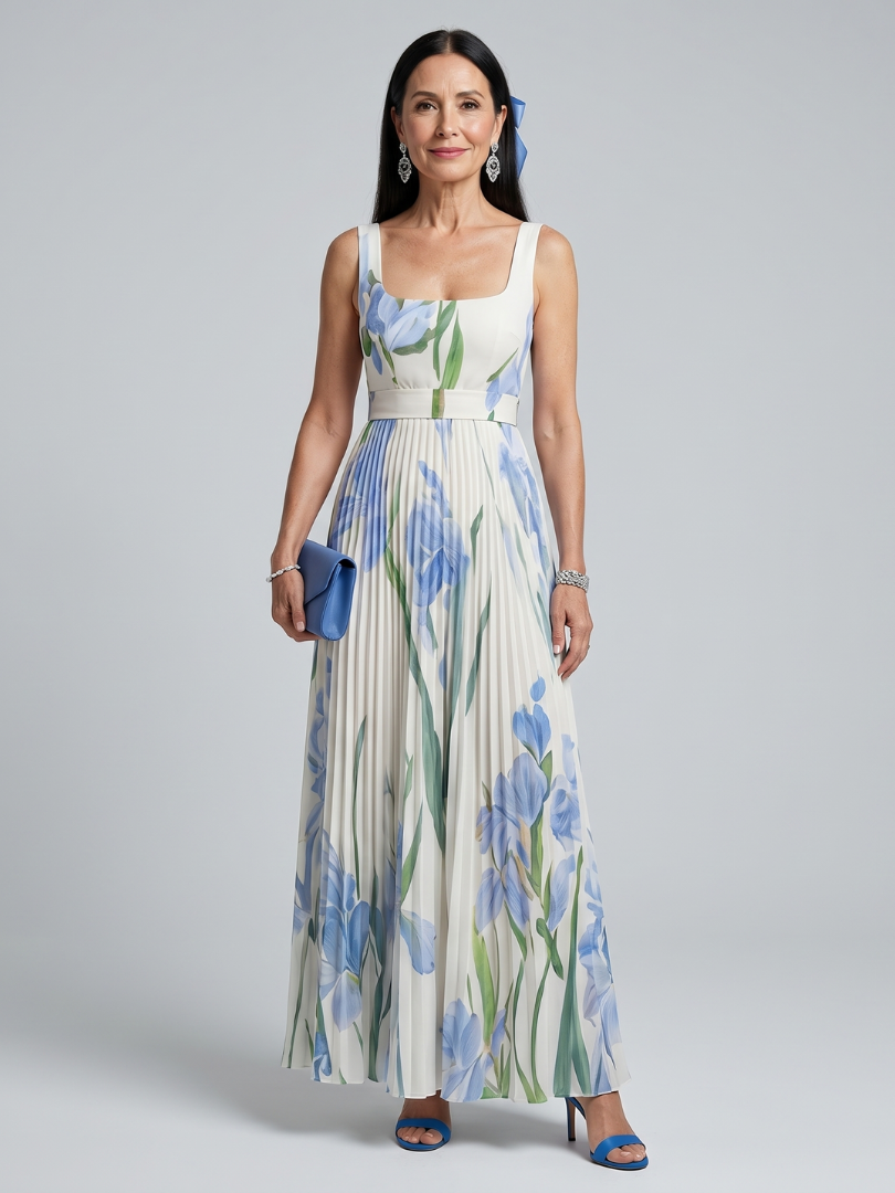 Weißes ärmelloses Damen Midikleid mit Blumenmuster und Quadratausschnitt für sommerliche Eleganz.