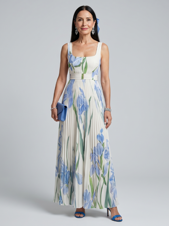 Weißes ärmelloses Damen Midikleid mit Blumenmuster und Quadratausschnitt für sommerliche Eleganz.
