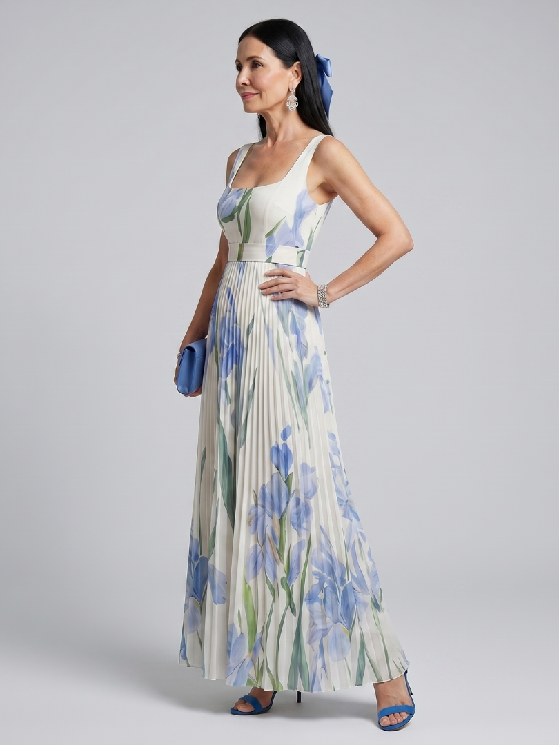 Elegantes Blumen Midikleid für Damen. Ärmellos mit Quadratausschnitt, ideal für Sommer-Freizeit.