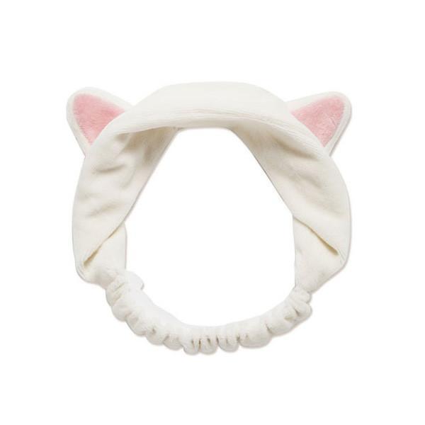 Weißes, weiches & dehnbares Damen Katzenohren Haarband aus Fleece für Pflegerituale, Gesichtsmaske & Make-up.