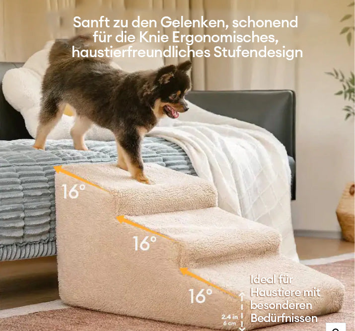 Gelenkschonende Hundetreppe, Kletterhilfe mit weichen Stufen in Grau für Hunde, die zum Sofa klettern.