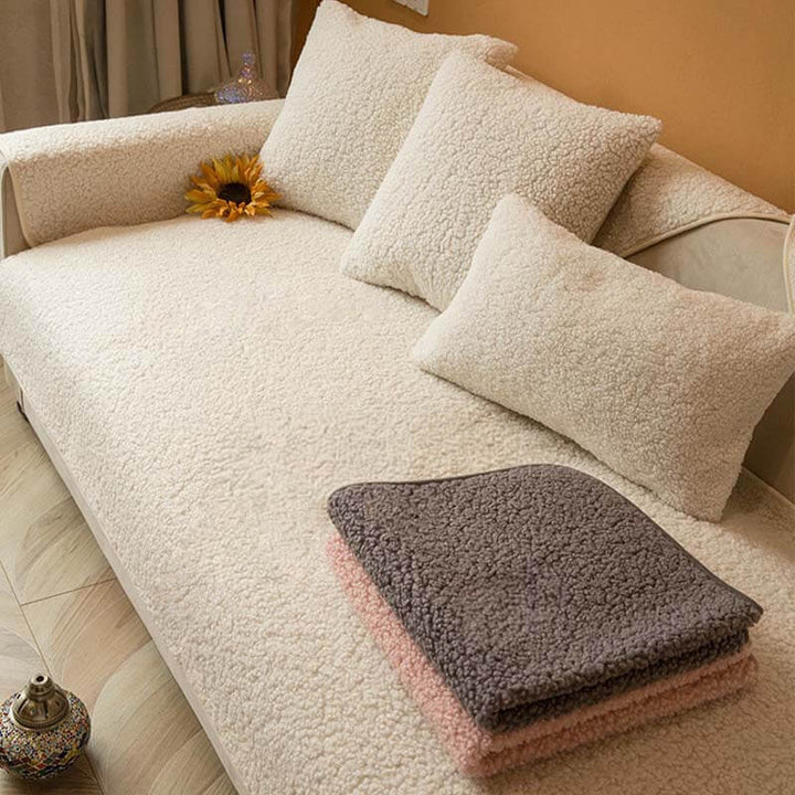 Weicher Teddyfleece Sofabezug, rutschfest und warm für ein gemütliches Wohnzimmerambiente.